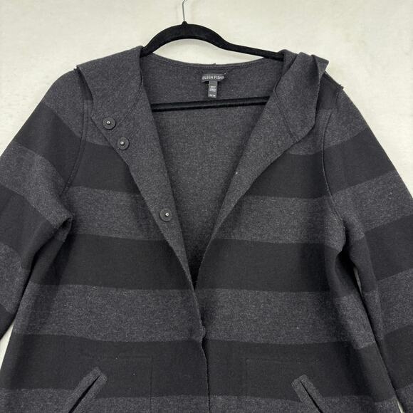 Eileen Fisher Jacket XS Black Gray Stripe Merino Wool Reversible Hooded Snaps - Picture 2 of 11